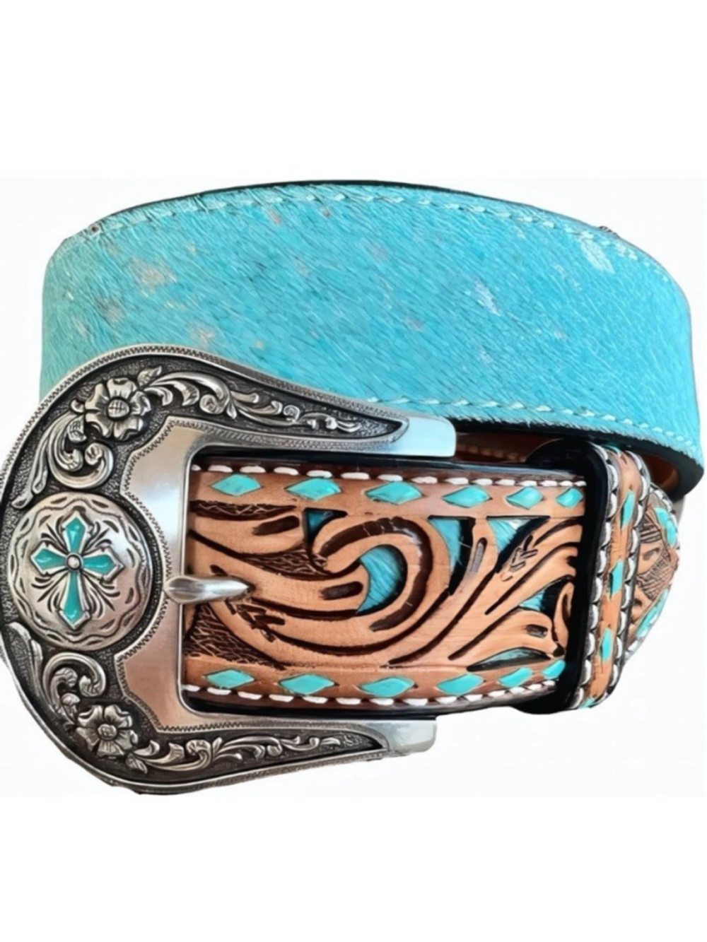 Angel Ranch Genuine Leather Belt Turquoise Silver Tone Hair On Western Buckle M